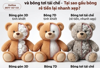 Vì sao gấu bông rẻ tiền nhanh xẹp? So sánh bông gòn 3D, 7D tinh khiết và bông tơi tái chế